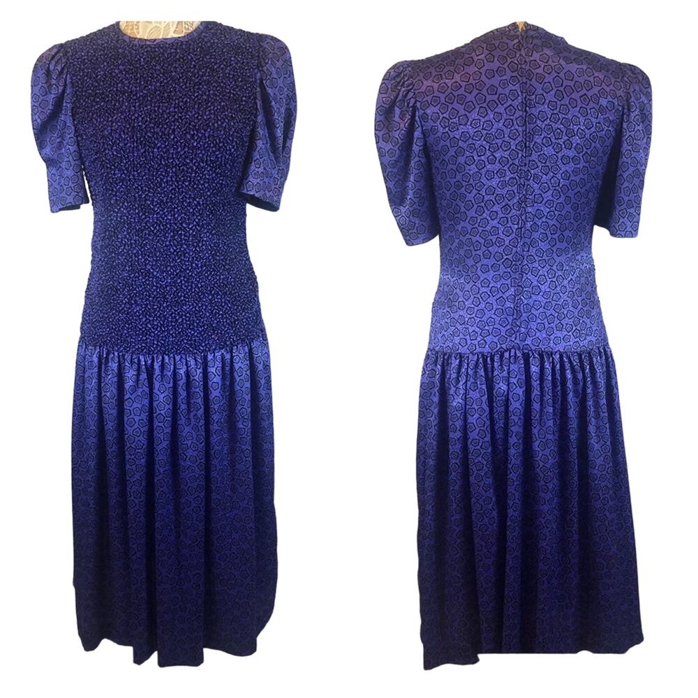 Vintage 1980s Plaza South Purple Black Ruched Drop Waist Puff Sleeve Dress Small